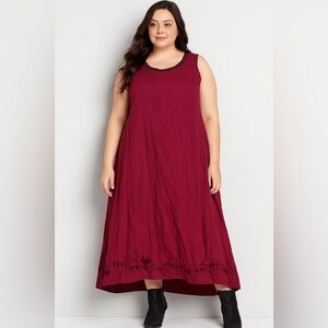 Nataya Victorian Lagenlook Boho Burgundy Embroidered Maxi Sleeveless Dress, 2X
